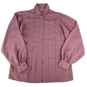 La Blouse Pink Long Balloon Sleeve Button Up Pleated Chiffon Women's Top 10